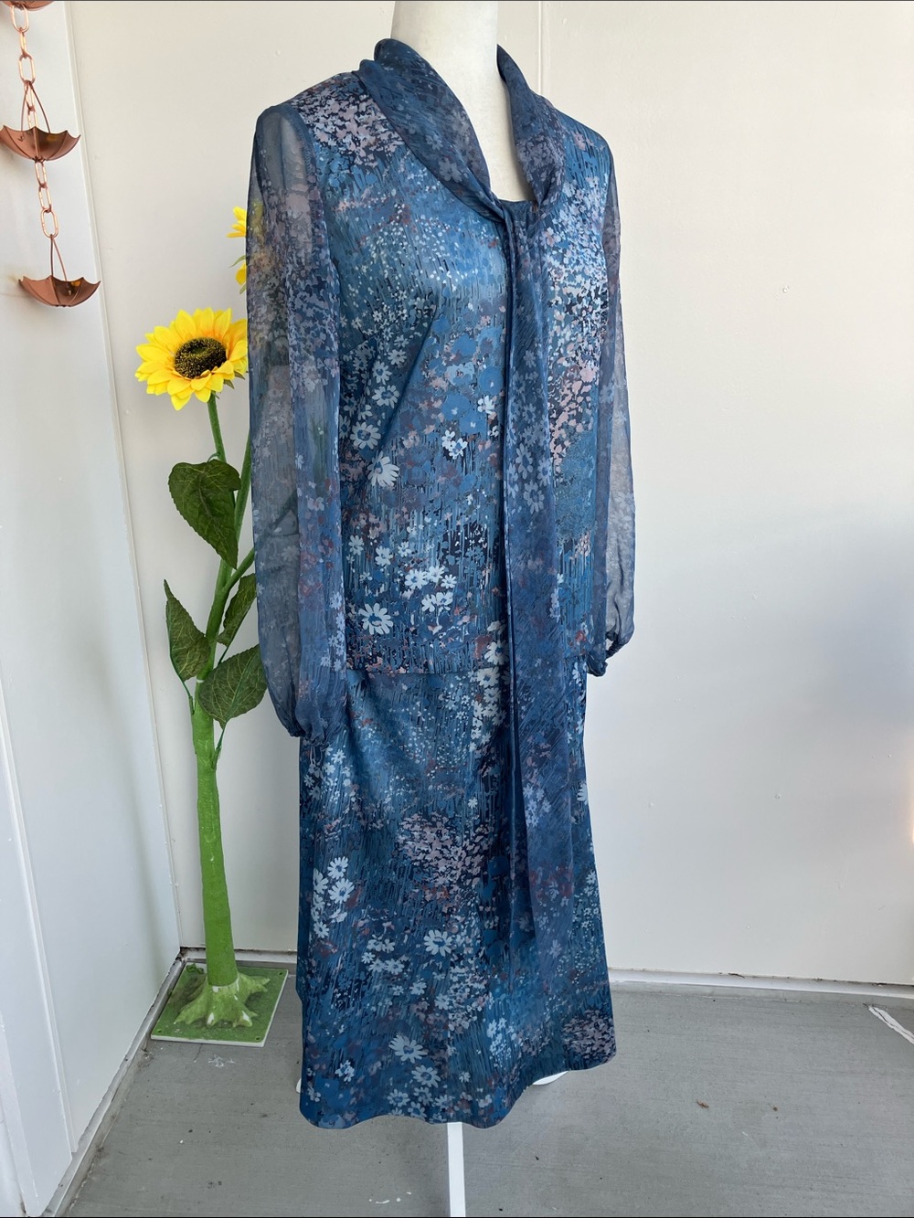 Vintage 70s Blue Floral Mixed Material Two Piece Skirt Set